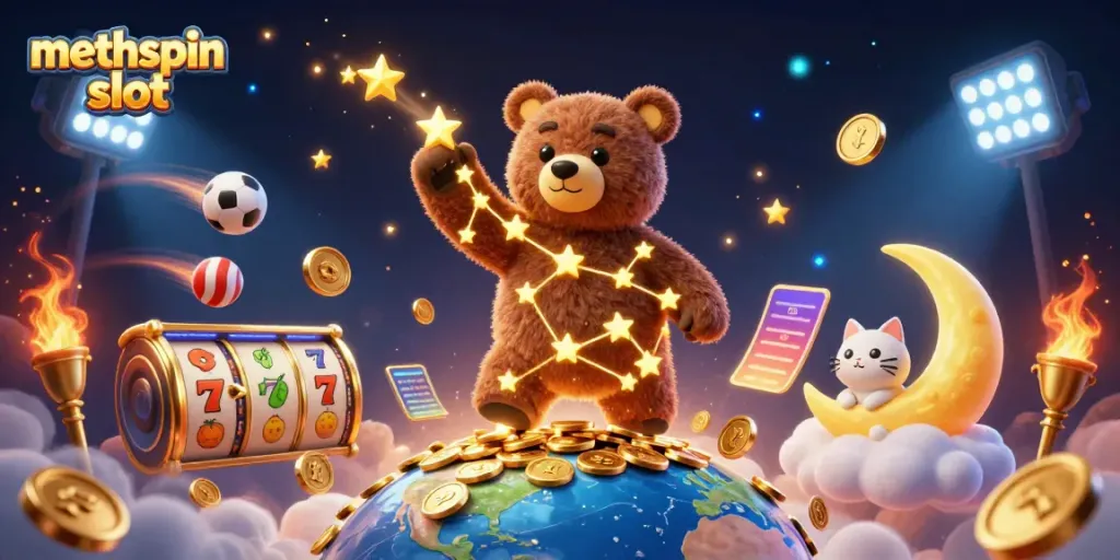 Experience the thrill of the methspin slot with a vibrant, energetic casino scene featuring stars and gold coins.