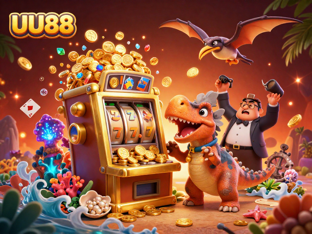 Witness UU88's thrilling jackpot spectacle with a dinosaur-themed slot machine and vibrant casino action.