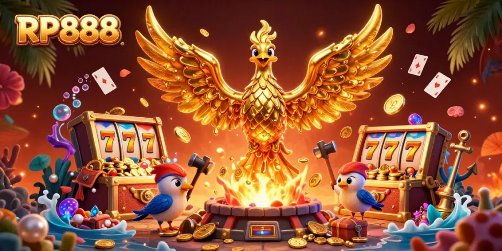 Experience thrilling gameplay with RP888, featuring a golden phoenix and exciting slot themes.
