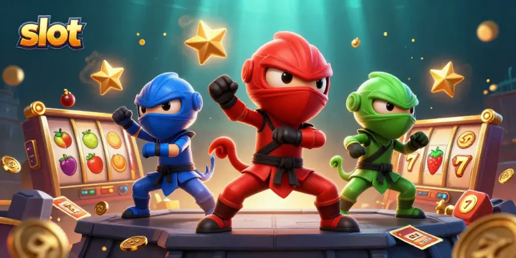 Tim ninja chameleon beraksi di atas atap, memainkan slot dengan simbol buah dan keberuntungan.
