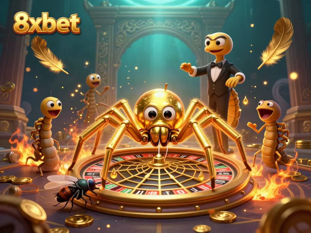 Experience thrilling bets at 8xbet with a golden spider and centipede croupier in a dynamic online casino scene.