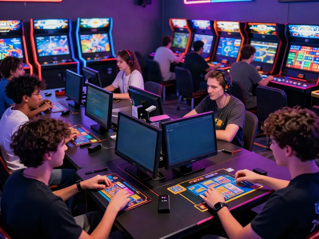 Players enjoying the Yono Arcade app in a lively arcade setting.
